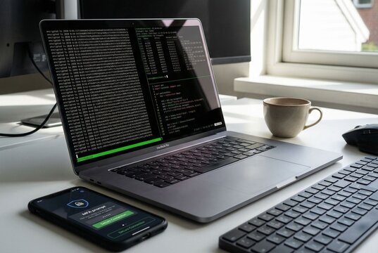 Cybersecurity coding scene with laptop encryption and MFA app
