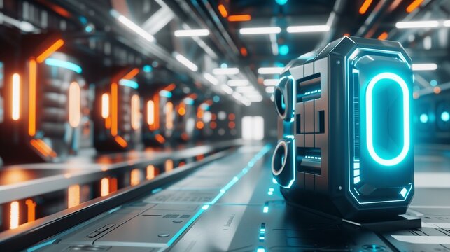 Futuristic supercomputer with glowing blue lights in a high-tech minimalist environment, showcasing advanced technology and innovation with ample copy space for design.
