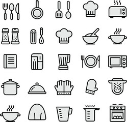 Minimal kitchen cooking utensil icon set with stove cookware appliances chef tools line style symbols for food, restaurant, recipe, and culinary design