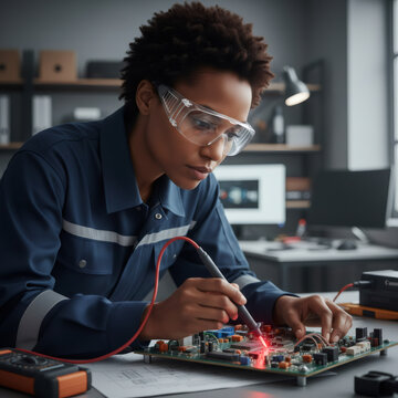 Woman electronic engineer testing circuit board with multimeter. Concept of computer hardware diagnostic, repair and manufacturing.