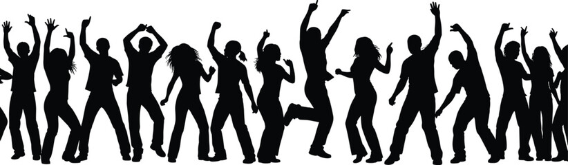 People silhouettes dancing at a party or music festival, large crowd of diverse men and women celebrating together, energetic nightlife event vector,