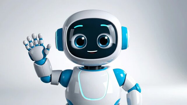 Friendly robot waving greeting and winking on white background