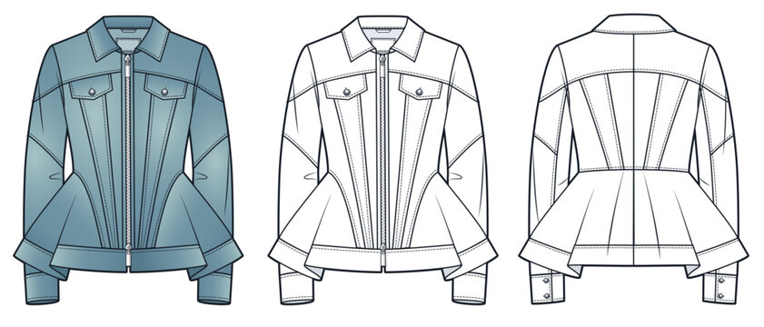 Denim Jacket technical fashion Illustration. Zipped Jacket fashion flat technical drawing template, cuff sleeves, collar, front and back view, white, blue, women CAD mockup set.