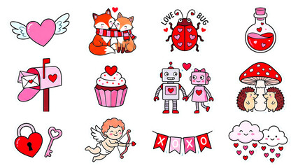 Obraz premium Valentine Cupid and Love Elements Set Kawaii Cartoon Stickers for Greeting Cards and Website