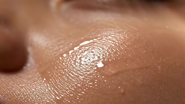 Close-up of human skin with a drop of clear liquid on the surface.