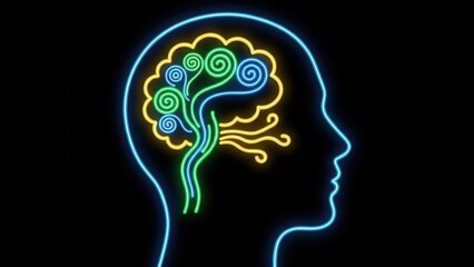 Illuminated neon human head profile depicting complex brain activity and neural connections for