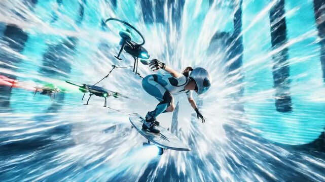 Futuristic hoverboard ride over sleek metallic cityscape with black drones and blue sky in the background