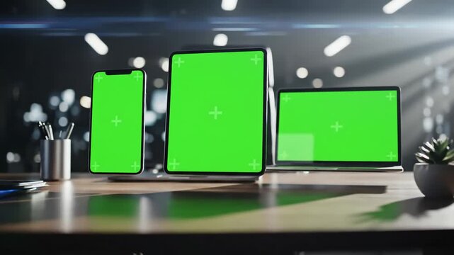 Green Screen levitating devices on office desk for responsive web design presentation isolated screens in chroma key mockup scene 2 with distortion, overlay, glitch, static noise, scan lines black