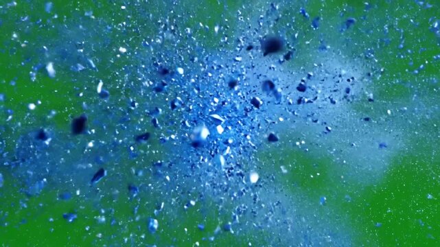 Green Screen blue color particles explosion in high speed background scene 2 with distortion, overlay, glitch, static noise, scan lines on black background, 4k animated video loop