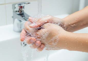Fototapeta premium Close up of hands being washed with soap and water in a sink