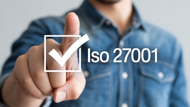 ISO 27001 concept. requirements, certification, management, standards. Businessman tick correct mark ISO 27001 for information security management system (ISMS).
