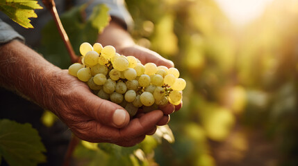 A man's hands carefully holding a bunch of white grapes in a vineyard during daytime