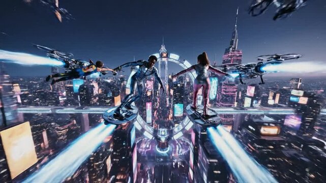 Futuristic hoverboard ride: sleek silver-suited figures glide over a viintimate apparelnt cityscape, neon lights illuminating the path, creating a dynamic scene.