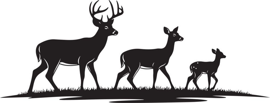 Silhouette of deer family walking together in nature landscape