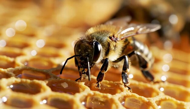 Macro of bee harvesting honey on honeycomb, honeybee actively producing honey