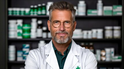 Fototapeta premium Pharmacist in pharmacy, Confident male pharmacist among neatly arranged medication shelves
