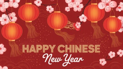 Vibrant red Chinese lanterns with elegant gold tassels hang alongside delicate pink cherry blossom branches on a festive background celebrating Lunar New Year
