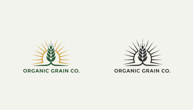 Organic Grain Co. logo design featuring wheat stalks and sunburst &mdash; ideal for natural food brands, sustainable agriculture, and eco-friendly product packaging