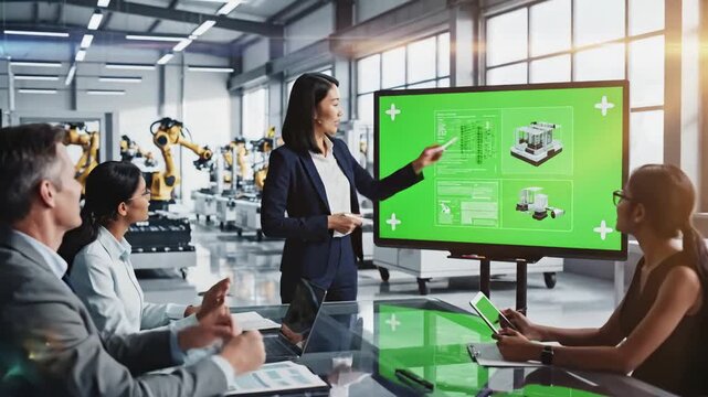 Green Screen modern industrial factory meeting confident female engineer uses interactive mock up whiteboard makes report to a group of engineers managers scene 2 with distortion, overlay, glitch
