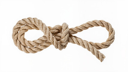 Natural rope tied in an infinity knot shape, isolated on white background, symbol of strength, connection and continuity.