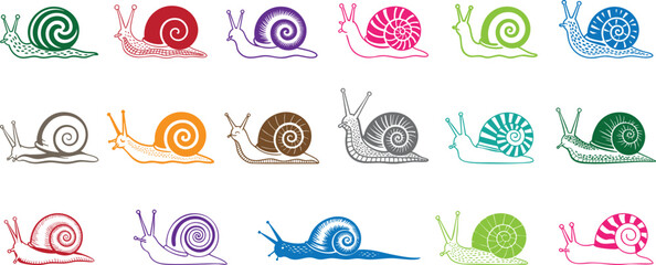 Colorful Unique hand-drawn snail designs in black clipart collection, wave-patterned shell, stylized Snail Icons, detailed spiral shell and a speckled body vector art. © Madusanka