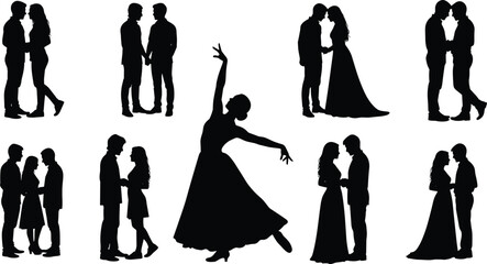 Set of black silhouettes featuring young girls using mobile smartphones in sitting and standing poses, isolated on white background, modern technology illustration,