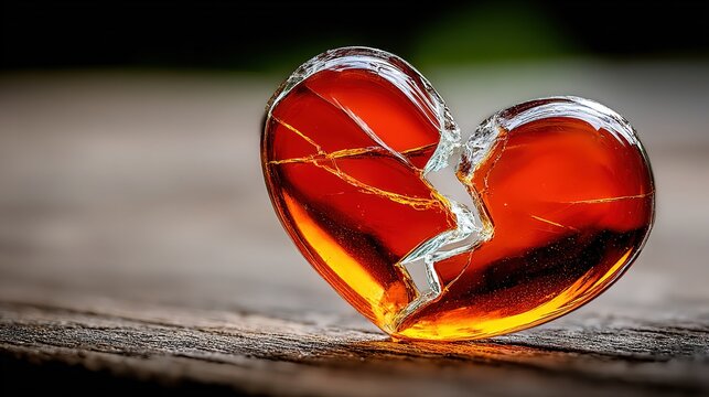 Emotional art close-up: broken red glass heart glows in dark, cracks scratches urban bg depth, Octane volumetric light HDR cinematic, ideal for heartbreak exhibit or healing visual