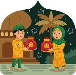 Muslim Man & Woman Holding Ramadan Gift Bag