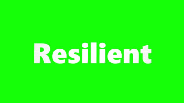 Animated word resilient slowly fades in and out with a white glow against a vibrant green screen background for easy compositing purposes