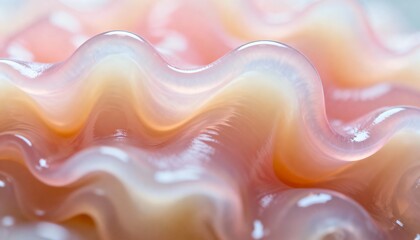 Fototapeta premium Abstract wavy jelly texture with soft pink and peach colors. Macro shot of glossy translucent gelatinous material. Organic fluid motion background
