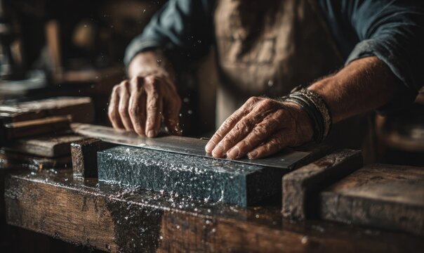 Artisan Craftsman Sharpening Knife with Precision on Wet Stone Surface
