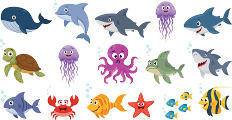 Obraz premium Cute Cartoon Marine Animals Vector Set with Whale Shark Dolphin Turtle Octopus Fish Crab and Starfish for Kids Education and Ocean Designs