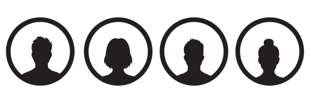 User profile icon set, Male and female portraits, silhouettes, avatars or profiles of unknown anonymous people, profile picture user avatars in circles . woman and man silhouette avatars or profile 