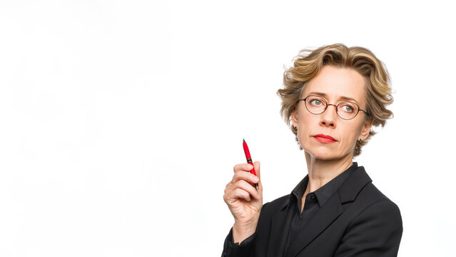 stern female editor with red pen isolated on white, professional librarian style business portrait with glasses, serious middle aged businesswoman editor portrait