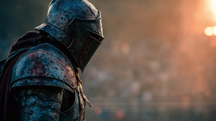 Fototapeta premium A knight in a suit of armor is standing in front of a crowd