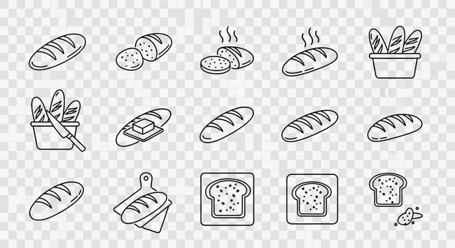 A collection of line art icons depicting various types of bread, including whole loaves, sliced bread, hot bread, baguettes, and toast.