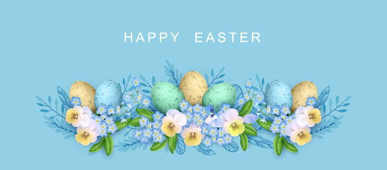 Happy Easter banner with flowers and Easter eggs. Spring Floral Banner