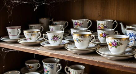 Collection of antique teacups on wooden shelf