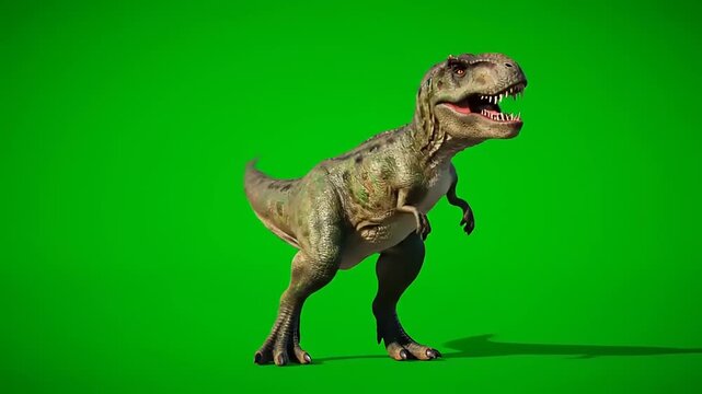 Tyrannosaurus Rex roaring, menacing, aggressive. 3D rendering against green screen. Prehistoric era predator on chroma key background, extinct animal.
