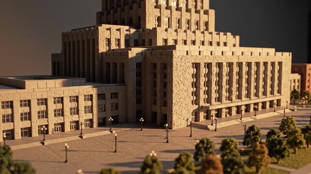 A detailed architectural model of a large building complex with multiple sections