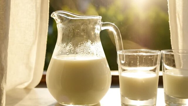 Glass pitcher and glasses filled with milk, lit by sunlight through a window