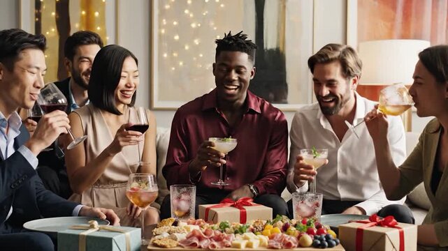 A diverse group of friends laugh and toast during a festive gathering with food, drinks, and gifts