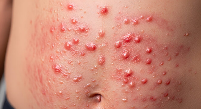 Close-up of child's torso covered in red, inflamed rash and blisters - Generative AI.