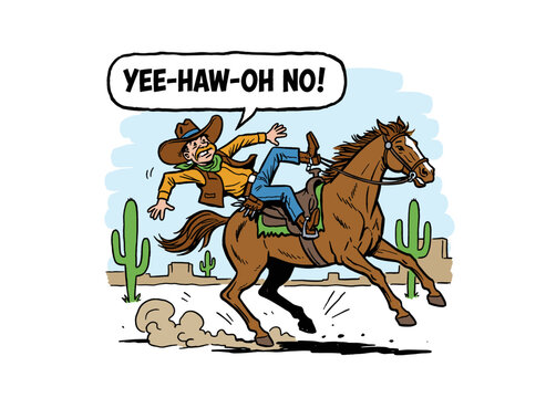 Funny cowboy falling off horse vector artwork. Wild West rodeo mishap humor graphic design. Yee haw oh no slogan typography art. Western design for t