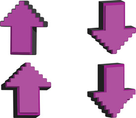 Obraz premium 3D pixel arrow icon set featuring vibrant magenta up and down arrows with blocky retro style bold shadows and digital interface design elements