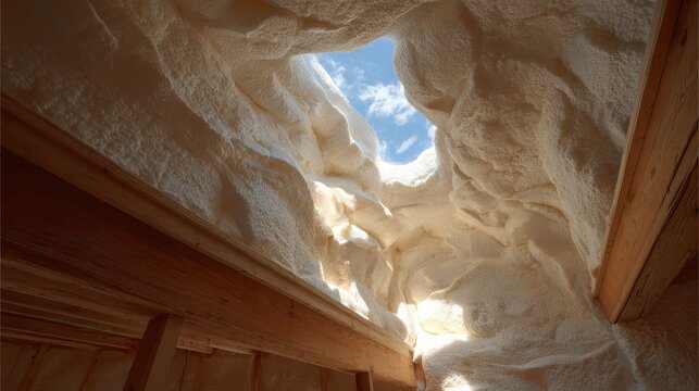 Textured spray foam insulation fills attic space, framing a bright sky. Highlights modern energy-efficient attic insulation for home construction.