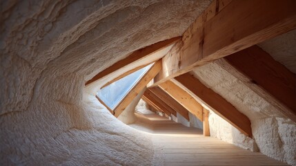 Textured spray foam insulation covers an attic's wooden roof structure. Highlights modern energy efficiency solutions and attic renovation.