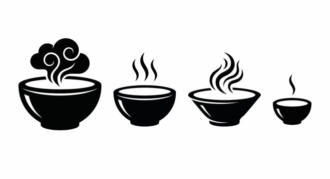 Set of Black Silhouette Steaming Hot Soup and Bowl Collection Vector Illustration, Hot Food Bowls with Steam Vapor Rising, Ramen Pho Broth Cup Icons Pack