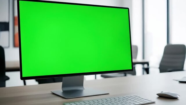 Clean Office Workspace Perspective with computer desktop mock up green screen white background in zoom shoulder view distortion, overlay, glitch, static noise, scan lines on black background, 4k
