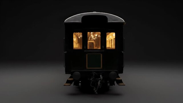 Vintage passenger rail carriage illuminated against dark background